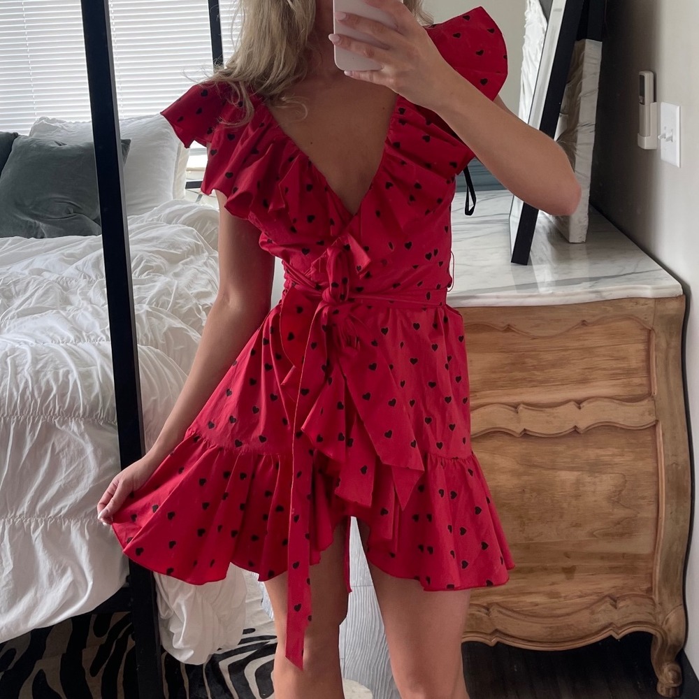 bebe Red Mini Dress with Black Heart Print